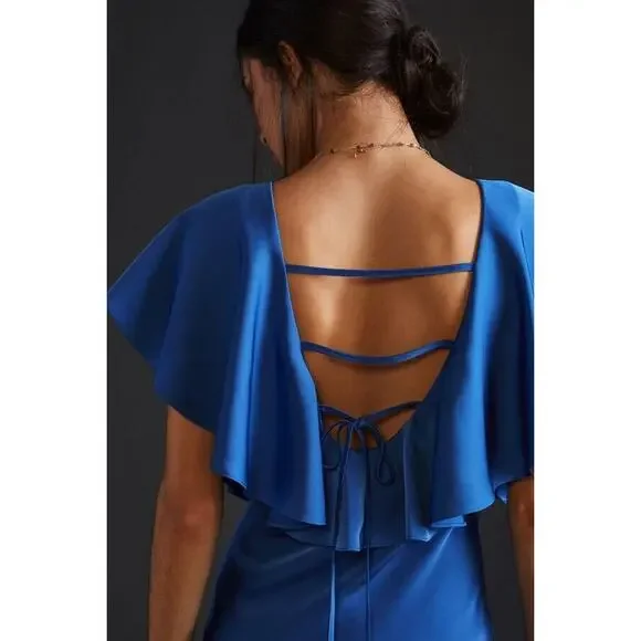 Sachin + Babi For Anthropologie Midi Dress Deep V-Neck Ruffle Blue Size 10P - Picture 2 of 12